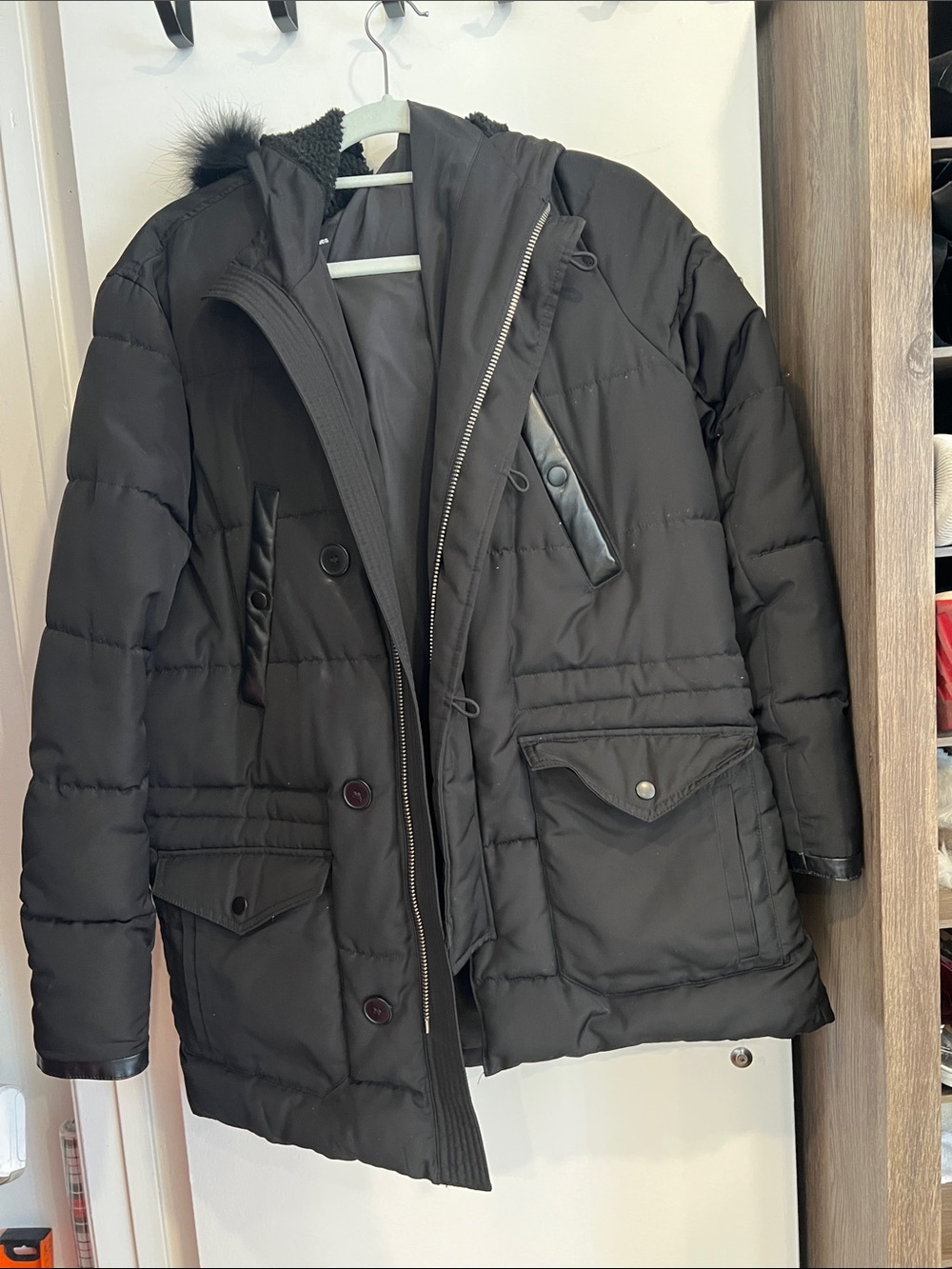 The Kooples Men's Black Quilted Puffer Coat with Hood